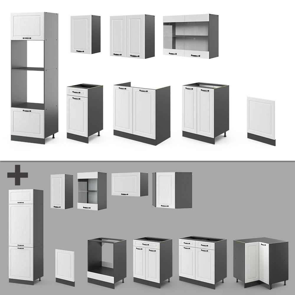 Vicco Cucina componibile Bianco casa di campagna/antracite 300 cm con armadio alto, PL Rovere