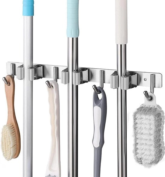Sostegno per scopa in acciaio inossidabile - sostegno per scopa con 3 scanalature e 4 ganci - supporto per scopa per muro - per uso in cucina, bagno, garage, giardino - colore grigio