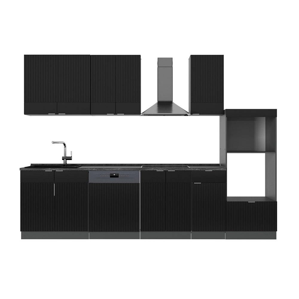 Cucina componibile Fame-Line Nero rigato/Antracite 300 cm con armadio alto, PL Antracite Vicco