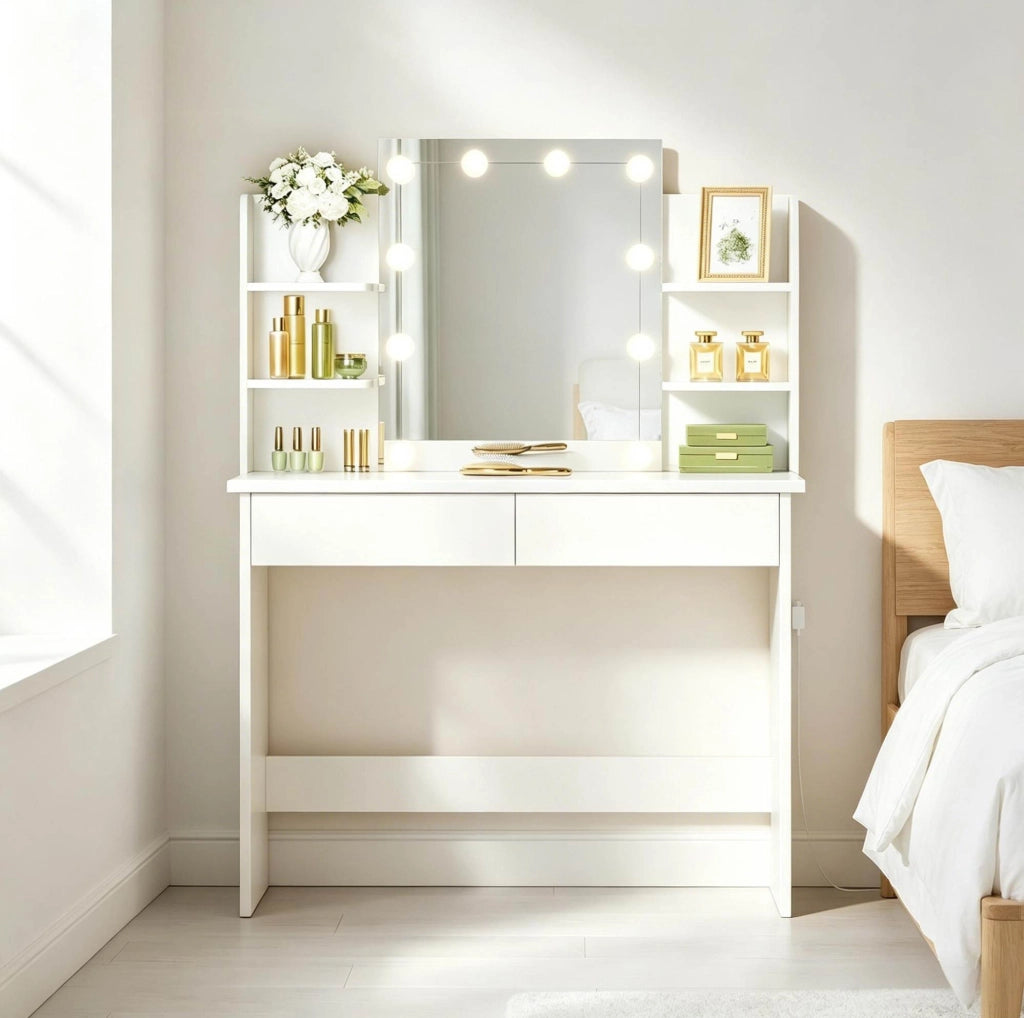 Toeletta 90x40 cm bianca in legno e plastica, specchio LED e 2 cassetti