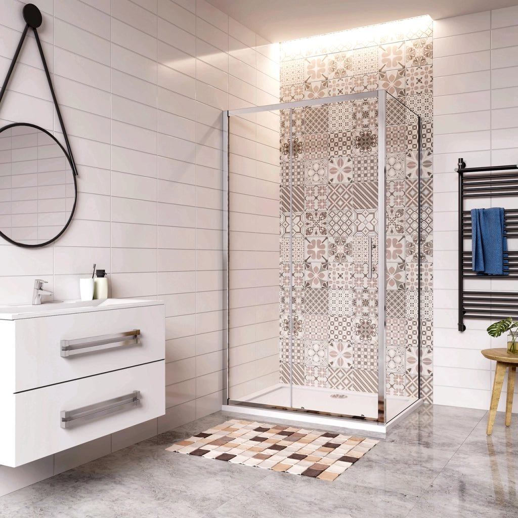 185 cm Box Doccia Angolare Porta Scorrevole con Parete Fissa Vetro Temperato 5 mm Trasparente Telaio Cromato Lucido 110x80 cm
