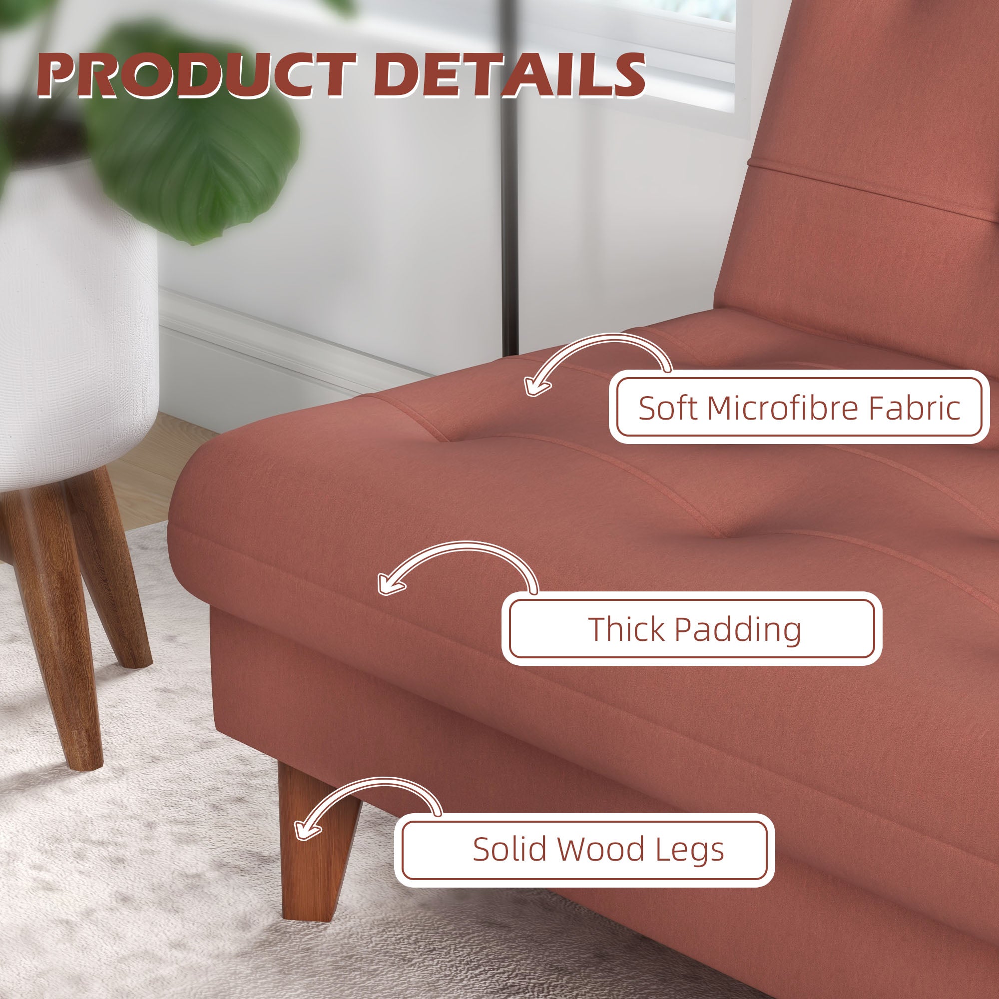 Divano Letto 3 Posti 185x85x84 cm in Tessuto Effetto Lino Arancione