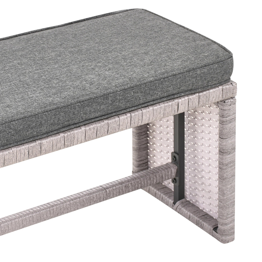 Set da pranzo ad angolo da giardino grigio finto rattan con cuscini divano panca tavolo rettangolare piano in vetro 80 x 145 cm vimini