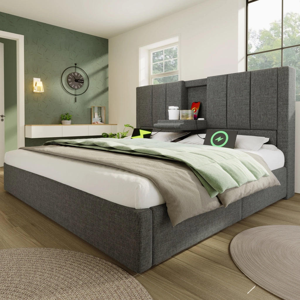 LETTO Contenitore 140x200 cm in Lino Grigio con materasso incluso