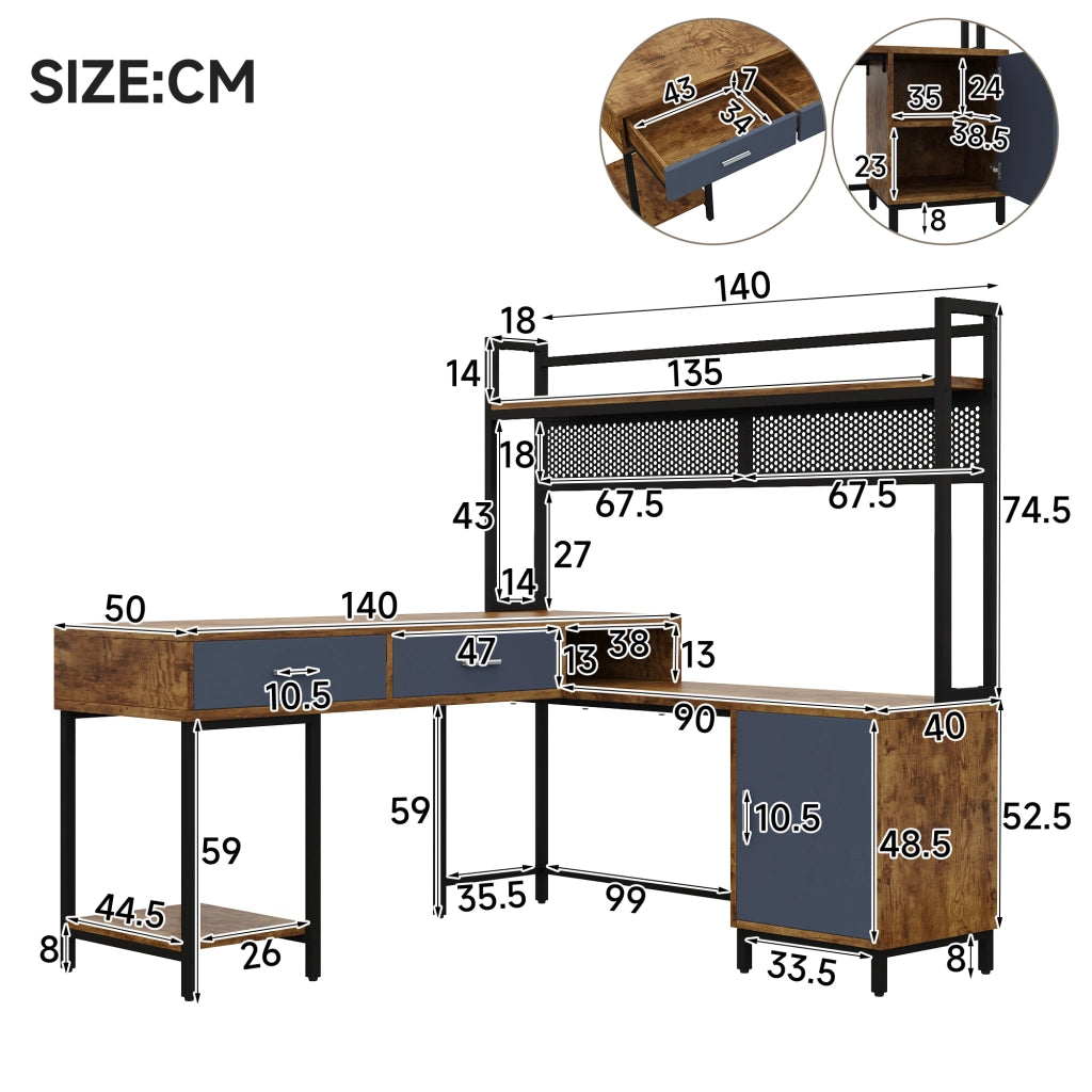 Scrivania ad angolo con 1 anta; 2 cassetti e ripiani - per studio - in MDF e metallo - 140×140×135 cm - nero