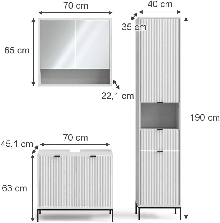 Set di mobili per il bagno Eliza, Bianco, 70 cm, composto da mobile sottolavabo, specchiera e colonna alta