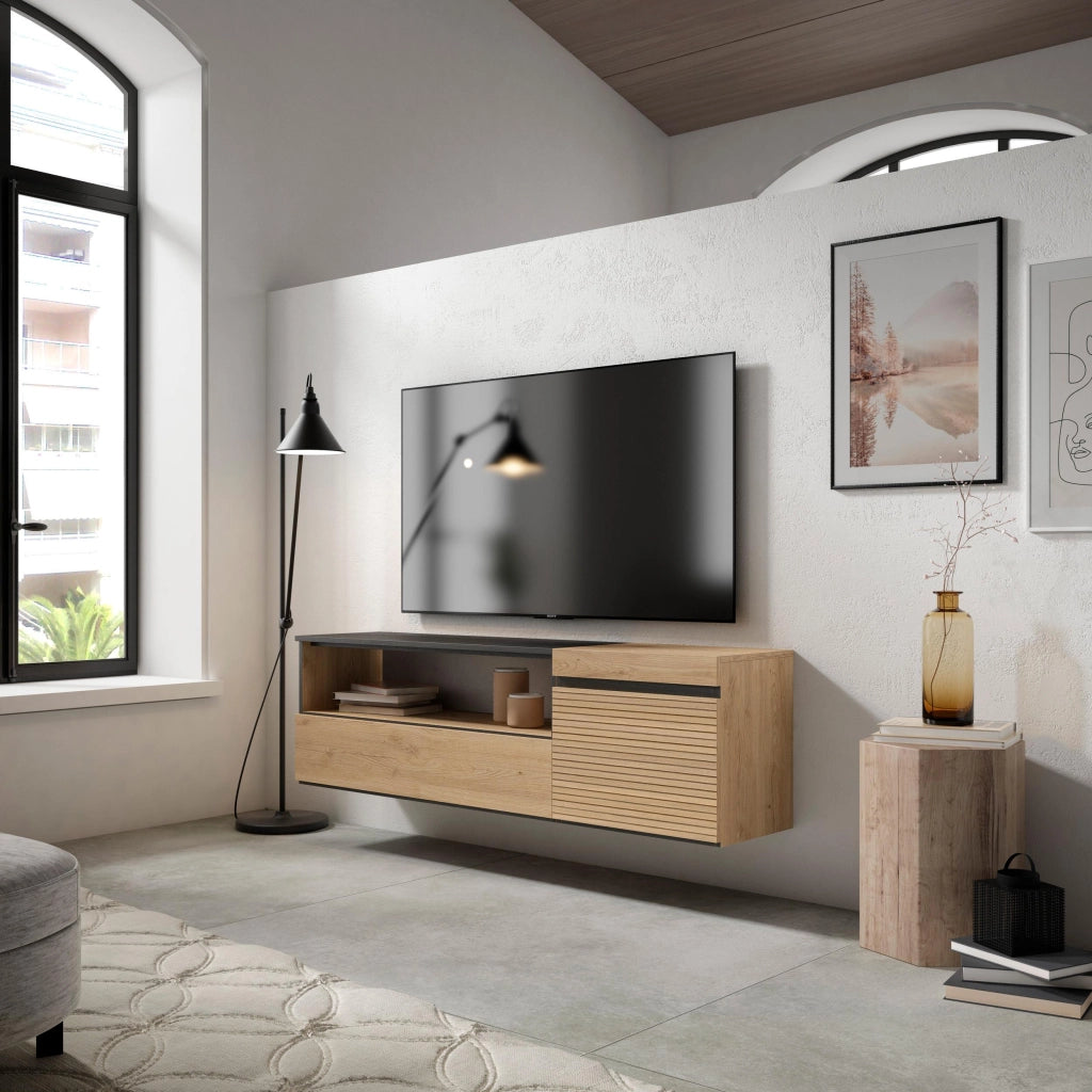 Mobile TV Soggiorno, 150x35x45cm, Per TV fino a 65", da appendere, colore Rovere RF3298