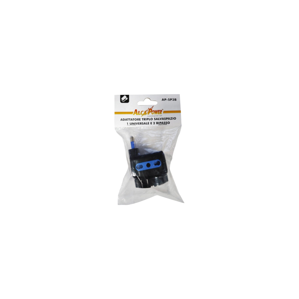 Alcapower Adattatore Salvaspazio 16A Presa Tripla Bipasso e Universale Colore Nero, Struttura Compatta per Prese Elettriche Standard Italia 3 Poli