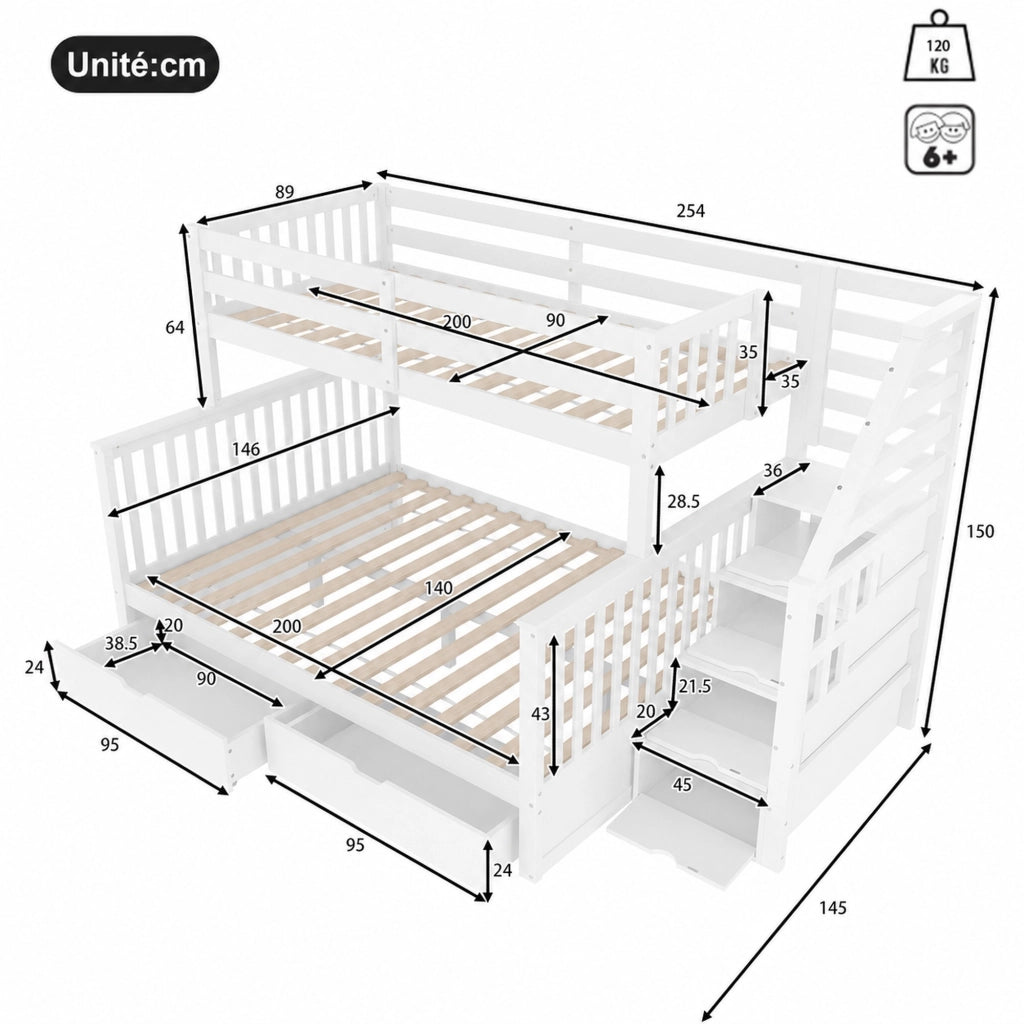 DESMIU Letto a castello 2 posti con 4 cassetti, scala laterale e sponde, 90 × 200 e 140 × 200 cm, senza materasso