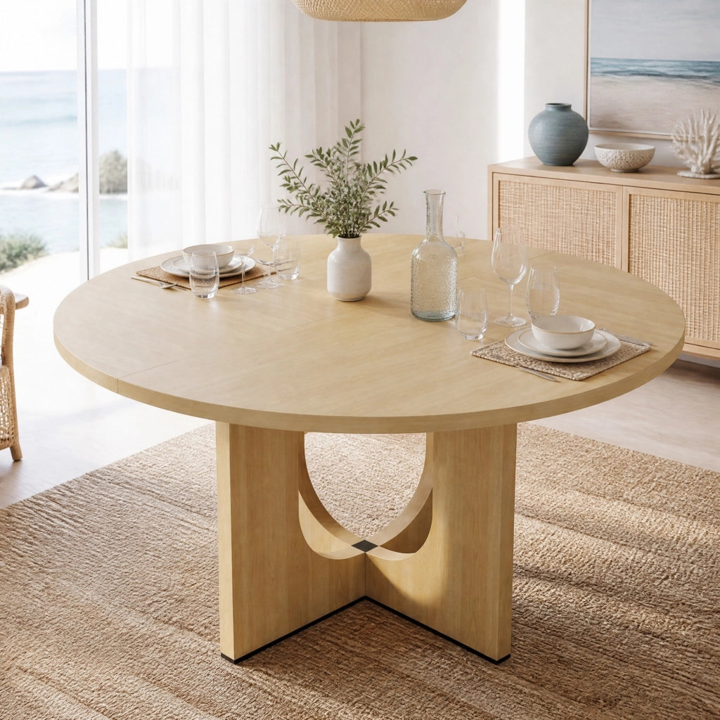 Tavolo da pranzo rotondo 120 cm in MDF effetto rovere; stile nordico; per 4-6 persone