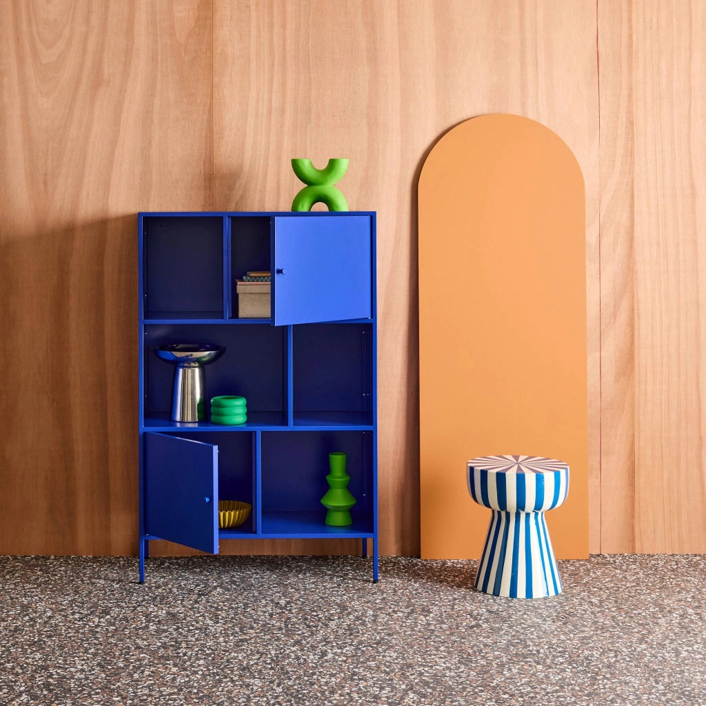 Credenza industriale in metallo con 6 scomparti, blu