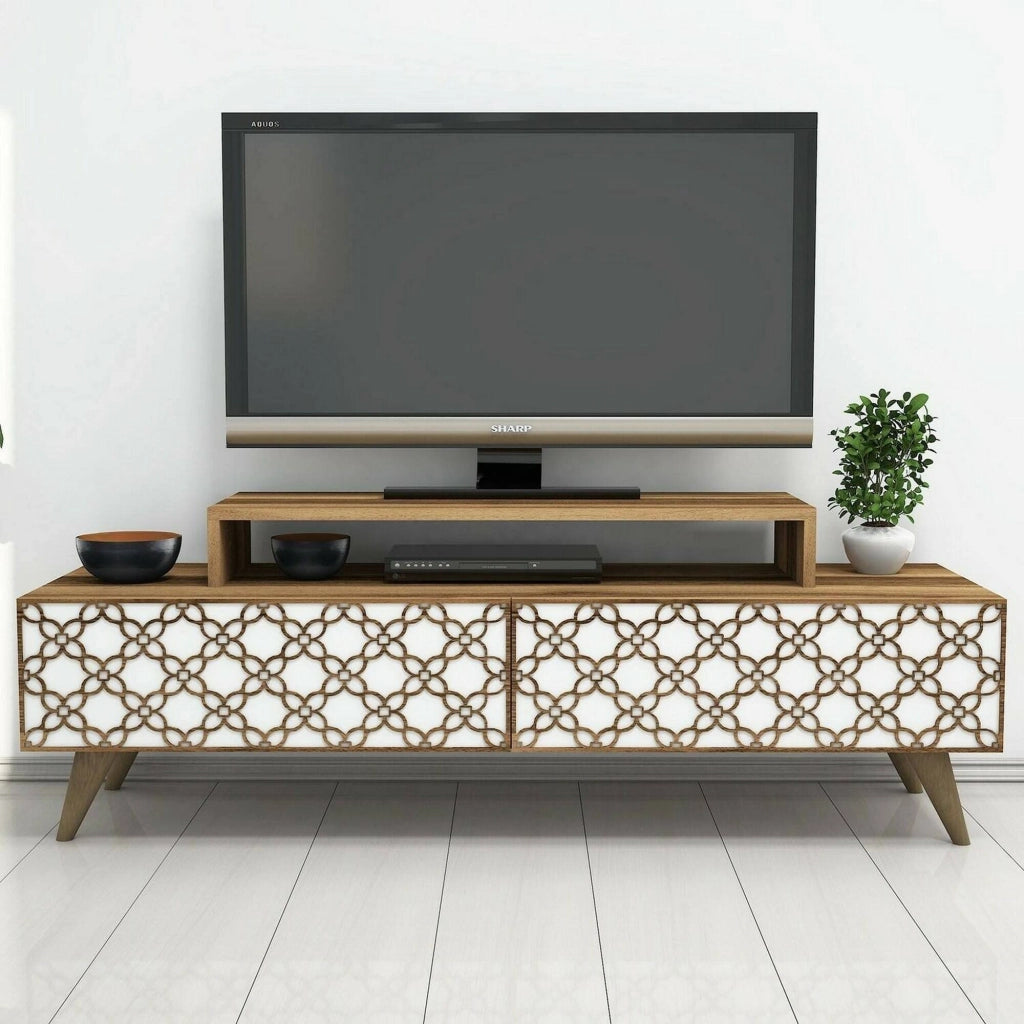 Mobile porta TV Arnara, Credenza da soggiorno, Armadio basso per TV, Base parete attrezzata, 140x42h49 cm, Noce e Bianco