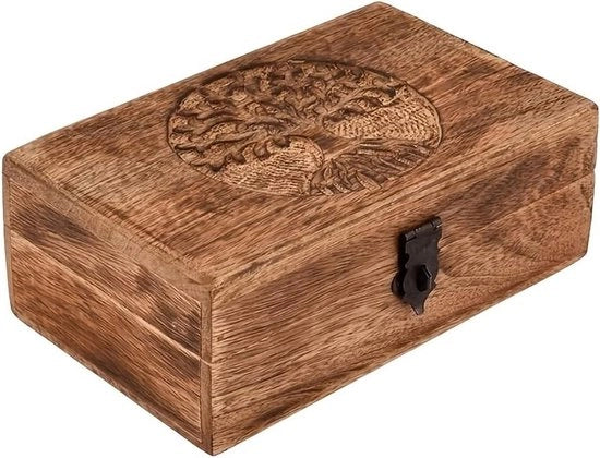 Cassa di presentazione in legno con intagli di albero della vita per orologi, anelli e orecchini. Cassa di presentazione in legno artigianale.