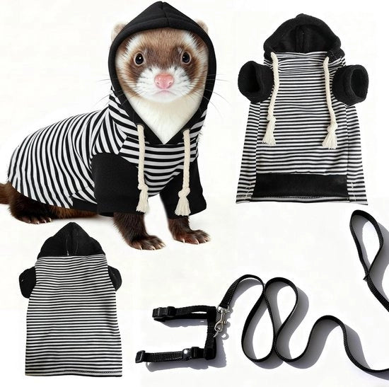 Outfit con cappuccio per piccoli animali domestici, comprensivo di cinturino, adatto per passeggiate all'aperto, compatibile con conigli, topi, cavi, hamster, cani e gatti (nero-bianco + cinturino).