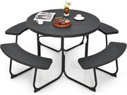 Set Tavolo da Picnic con 8 Posti, Tavolo da Picnic Rotondo con 4 Panche e Foro per Ombrellone, Tavolo da Campeggio Resistente in Metallo, per Giardino, Cortile, Patio (Nero)