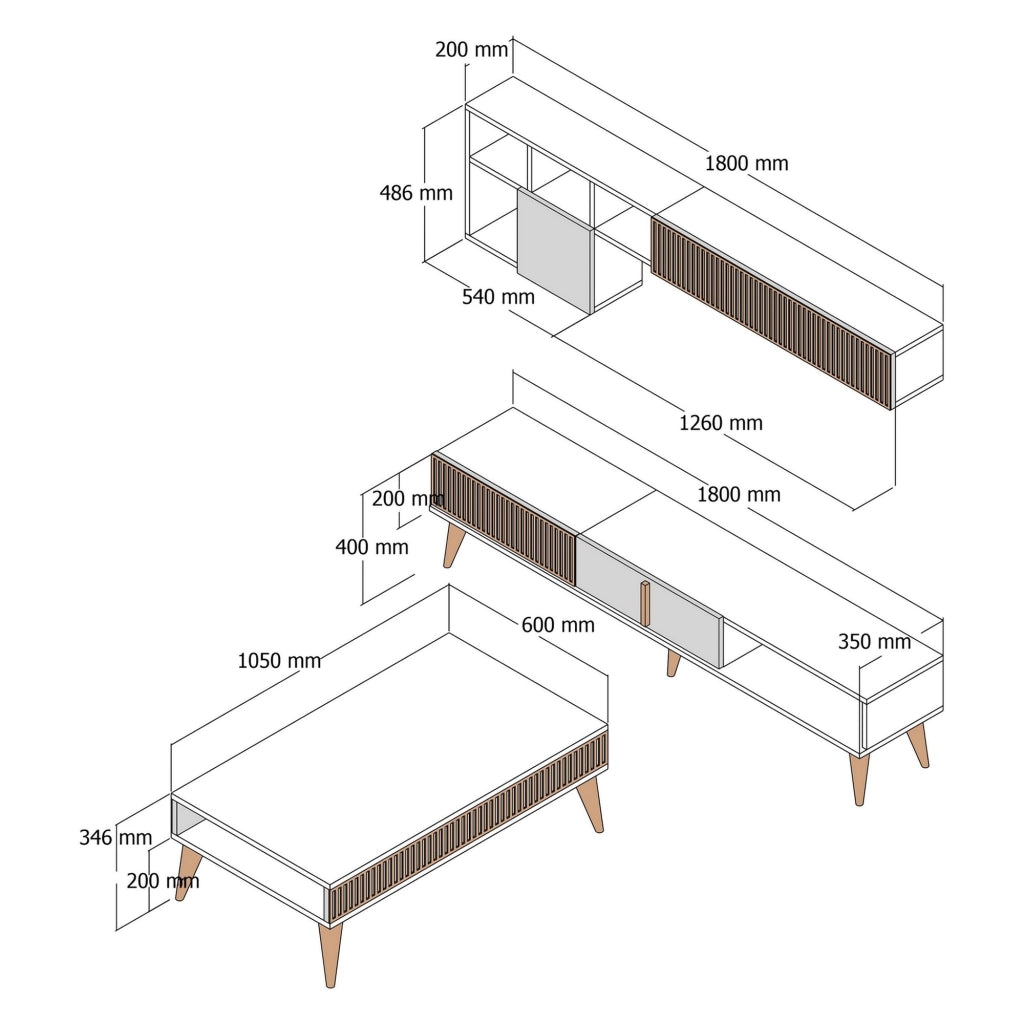 Cassacco, set Mobili da Soggiorno Modulabile, Marrone Noce