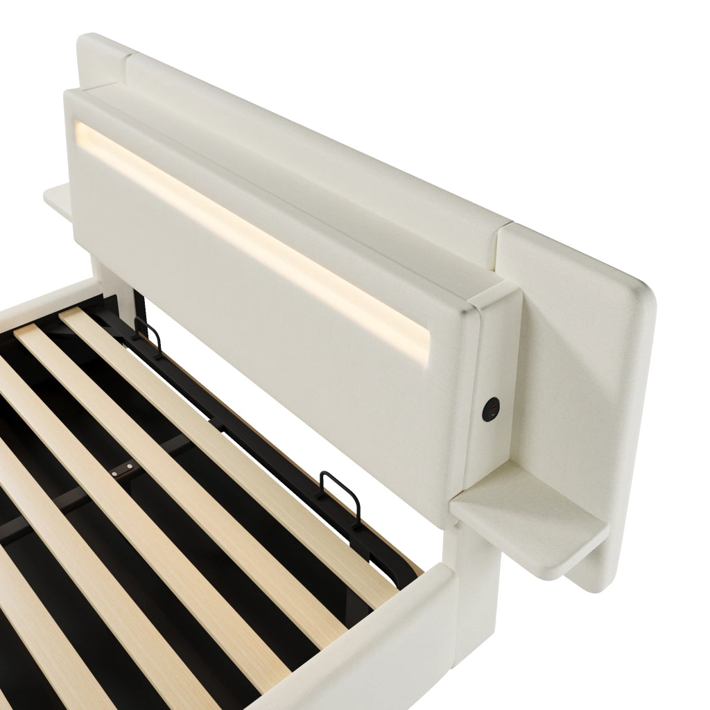 Letto imbottito 140x200 cm beige con contenitore idraulico; LED multicolore e comodino integrato