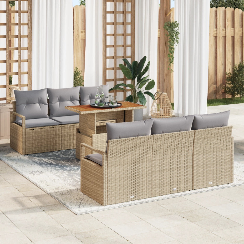 Set divani giardino 7 Pezzi con cuscini Beige Polyrattan Acacia