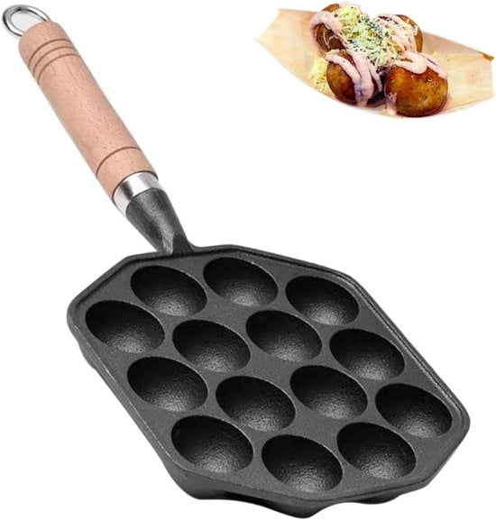 Pannetto Grill a Fuoco Alto con 14 Fori per Aebleskiver e Takoyaki - Frittelle Antiaderenti con Manico in Legno - Facile da Usare