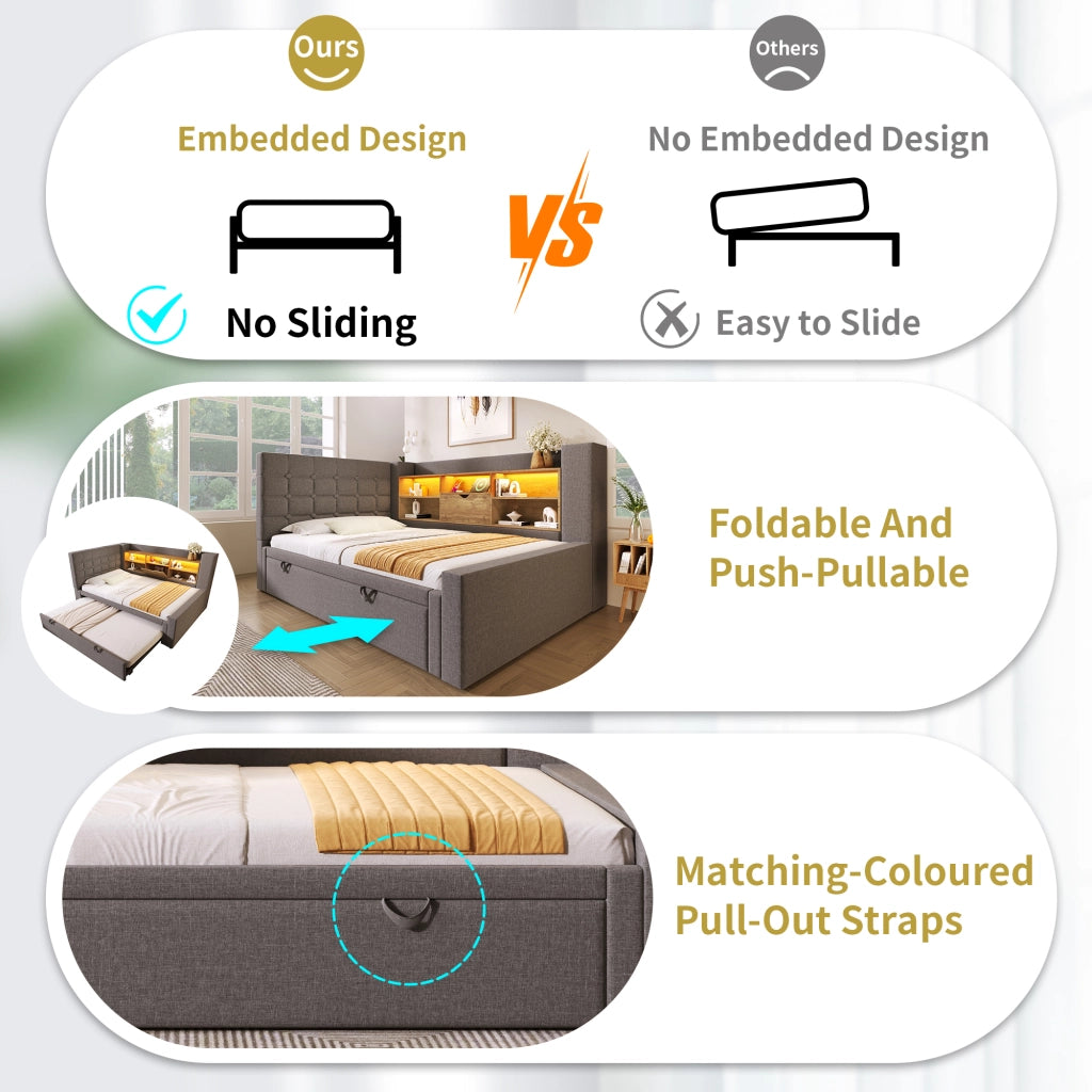 OKWISH Letto estraibile 90×200 cm, Letto Singolo con LED Regolabile, USB, Tipo C e Contenitori, senza Materasso, in Lino, Grigio