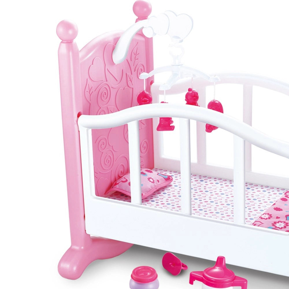Trade Shop - Culla Per Bambole Lettino Culletta Bambolotto Con Giostrina E Accessori Pappa -