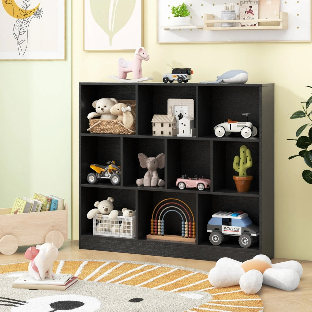 Libreria a 10 cubi con 2 kit anti-ribaltamento, Organizzatore di stoccaggio a 3 ripiani in legno alto 104cm Nero-Librerie