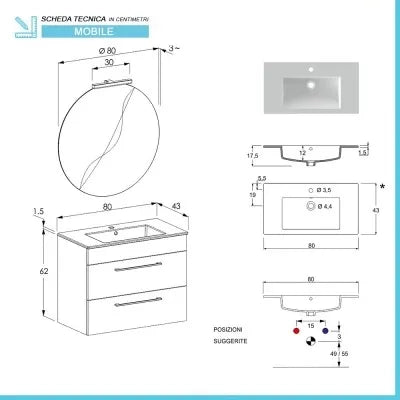 Mobile bagno sospeso 80 cm Smart bianco legno/lava con specchio