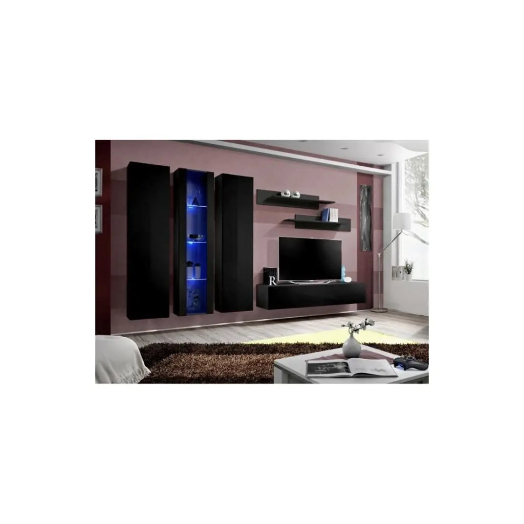 Mobile TV FLY C4 design, colore nero lucido. Mobile sospeso moderno e alla moda per il tuo soggiorno.