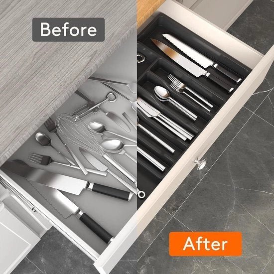Organizzatore per contenitori di cucina intercambiabili con grande capacità e dimensioni regolabili, facile da pulire, ideale per la conservazione di cucchiai e forchette.