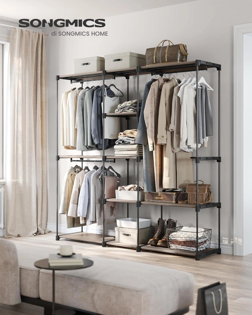 SONGMICS Armadio, Guardaroba Autoportante, con Barre Appendiabiti, Portabiti Ripiani in Tessuto, Struttura in Metallo, 182 x 43 x 182 cm, Talpa RYG037R02