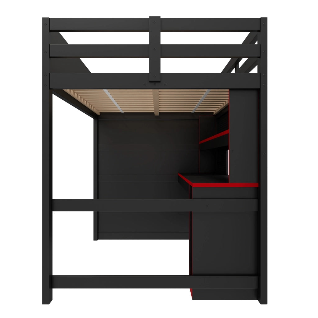 Letto a Soppalco 140x200 cm con Scrivania; LED; USB e Mensola in MDF e Plywood