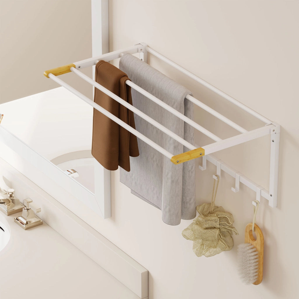 Portasciugamani a Parete Pieghevole 60x32,5x20 cm con 5 Barre e 6 Ganci in Legno e Acciaio Bianco