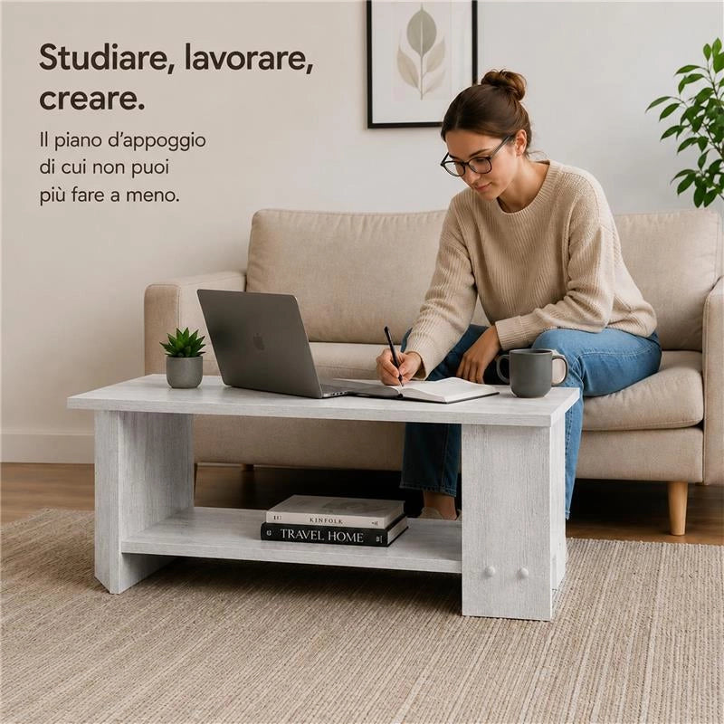 TAVOLO DA CAFFÈ IN LEGNO BIANCO CON RIPIANO E 4 SUPPORTI DIMENSIONI 89X48X42CM