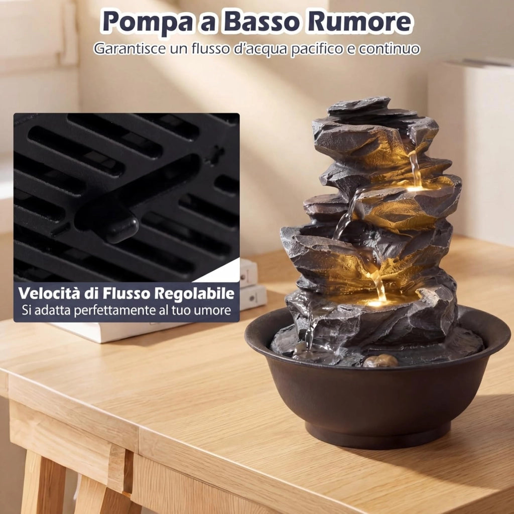 Fontana Zen da Interno, Fontana da Tavolo a Cascata con Luce LED, Pompa Silenziosa e Velocità dell'Acqua Regolabile, Fontanella Decorativa per Soggiorno, Ufficio e Camera da Letto (Modello 1)