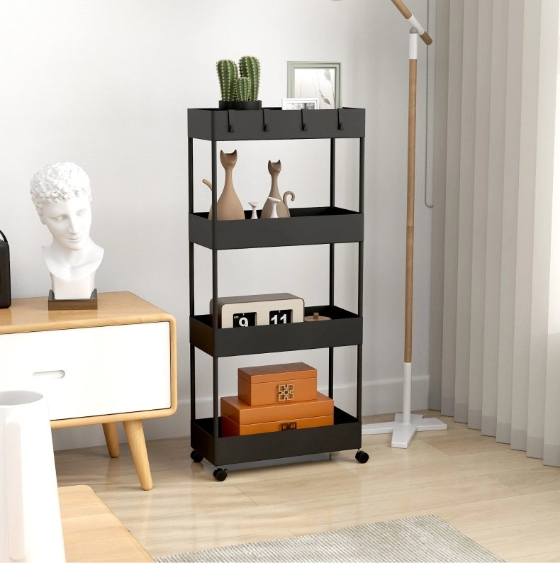 Carrello da cucina nero con 4 ripiani, ruote e freni, 40 x 19 x 90 cm, in plastica ABS