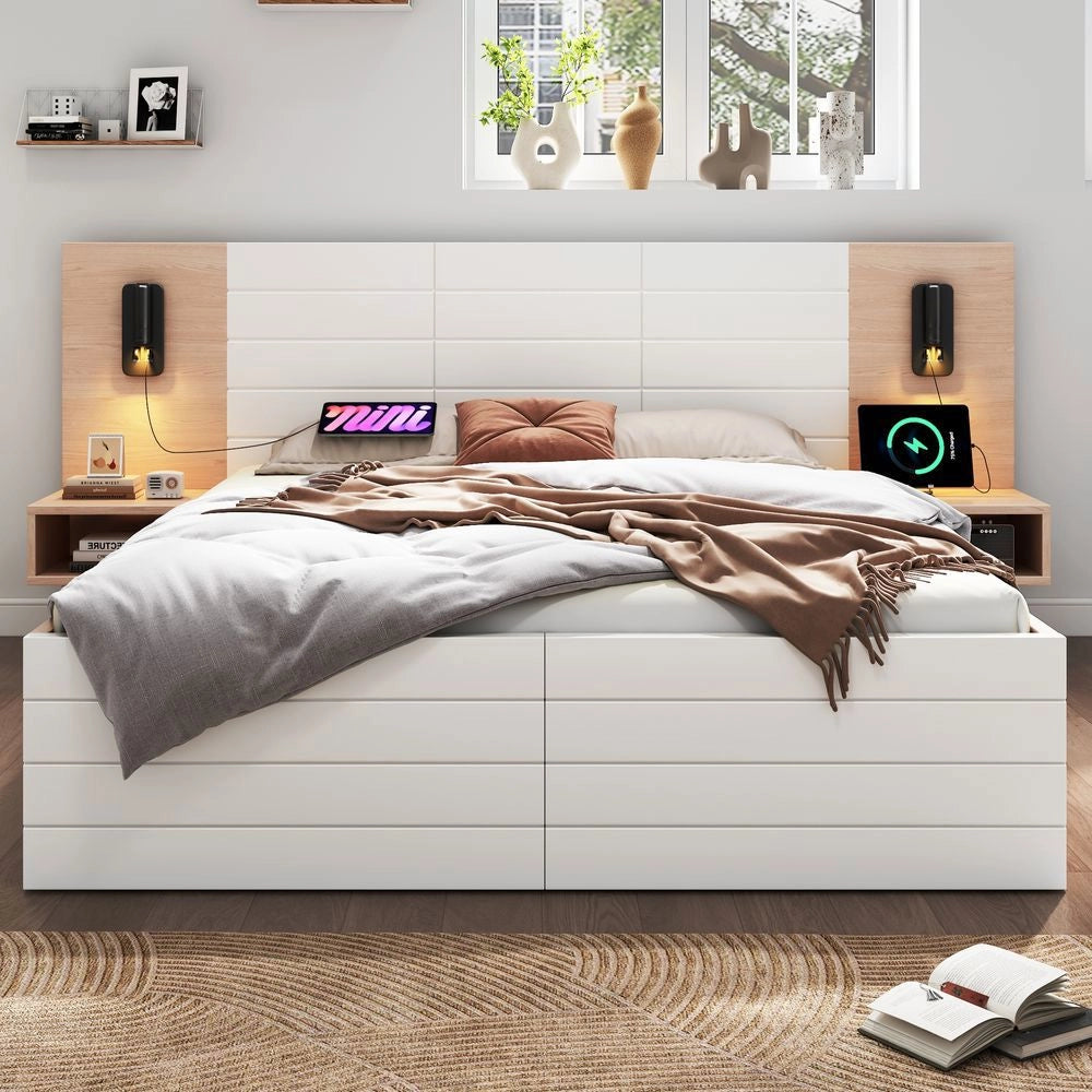 Letto matrimoniale con comodini - Xylo - 160x200 cm - Bianco - Luci di lettura e ricarica USB