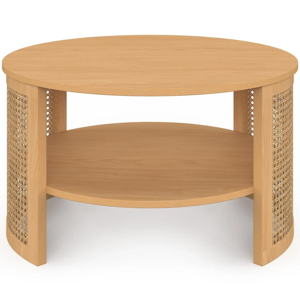 IDMarket - Tavolino rotondo EDHEN 70 cm con canna naturale ed effetto legno