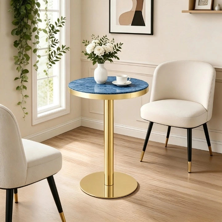 Tavolino basso rotondo con piano effetto marmo e bordo in metallo dorato, per soggiorno e camera da letto, blu, diametro 60 cm