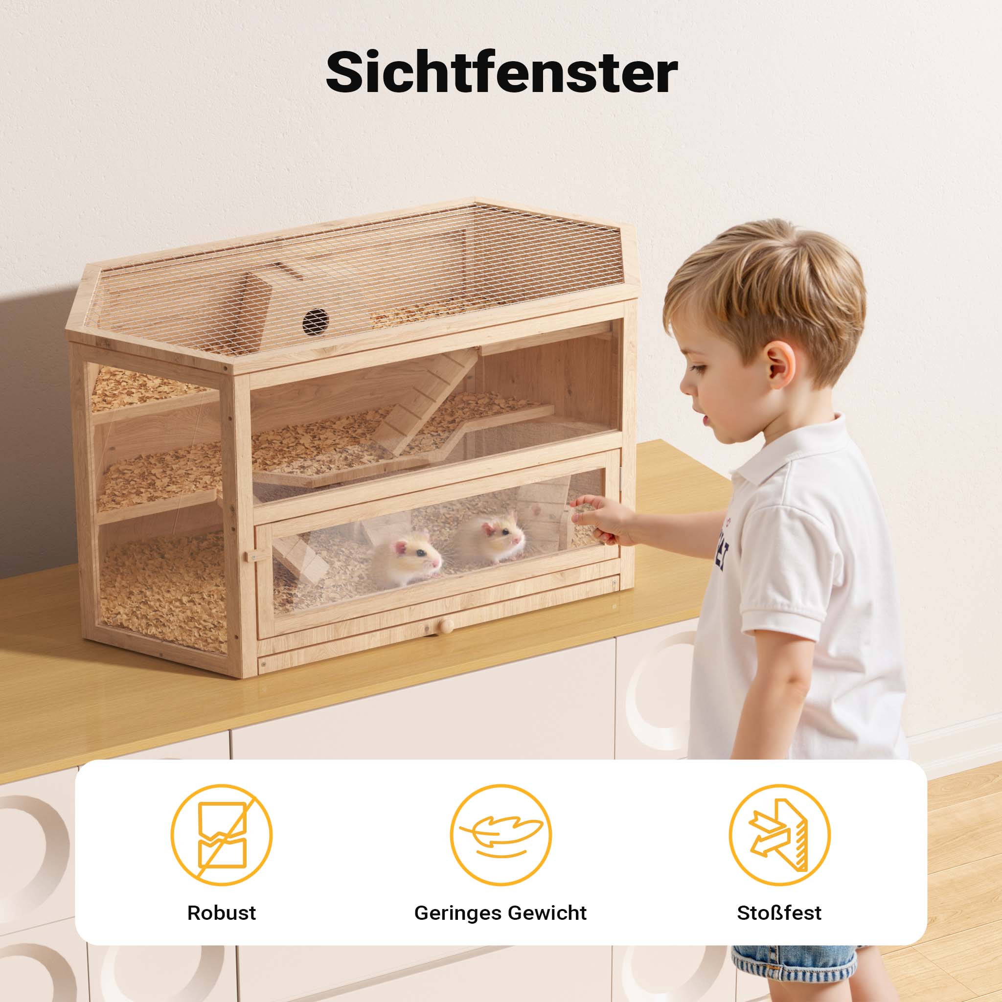 Gabbia per roditori a 3 livelli con tetto apribile 115x60x58cm legno e plexiglas