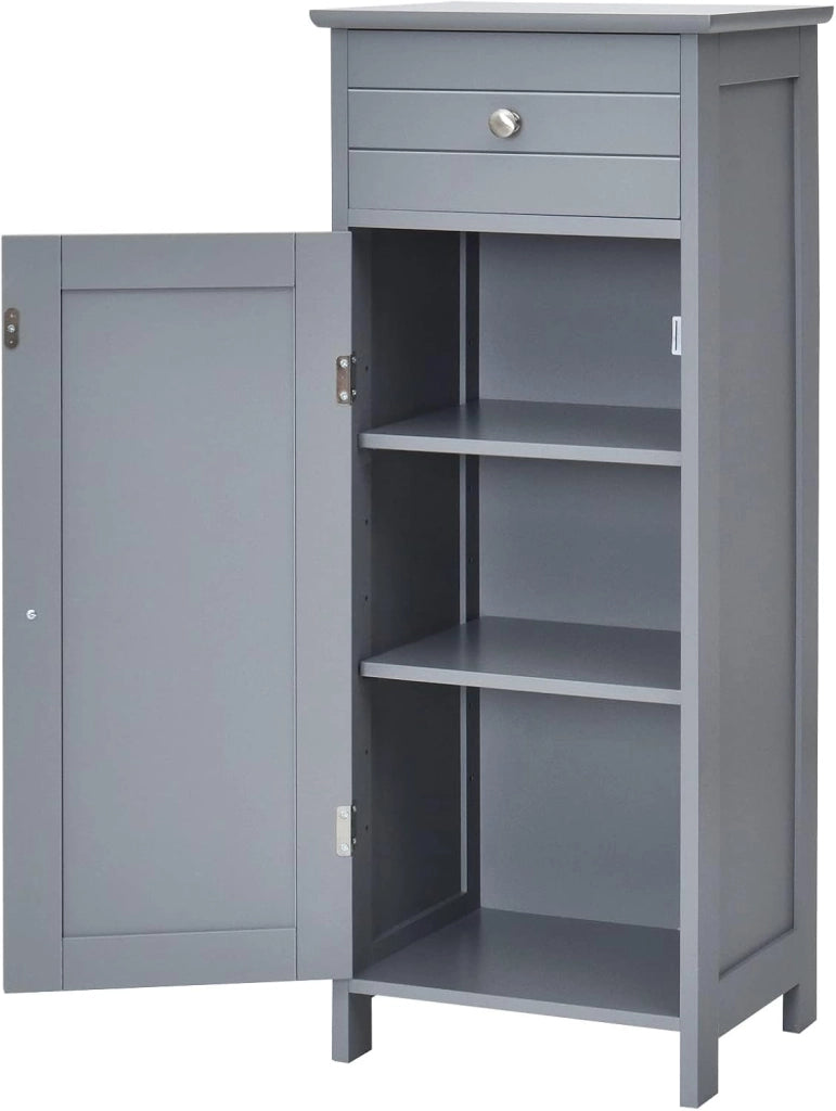 Armadietto da Bagno Autoportante 35x30x87cm, con Cassetto Anta Ripiani Regolabili a 7 Livelli, con Dispositivo Antiribaltamento, per Ingresso Soggiorno (GRIGIO)