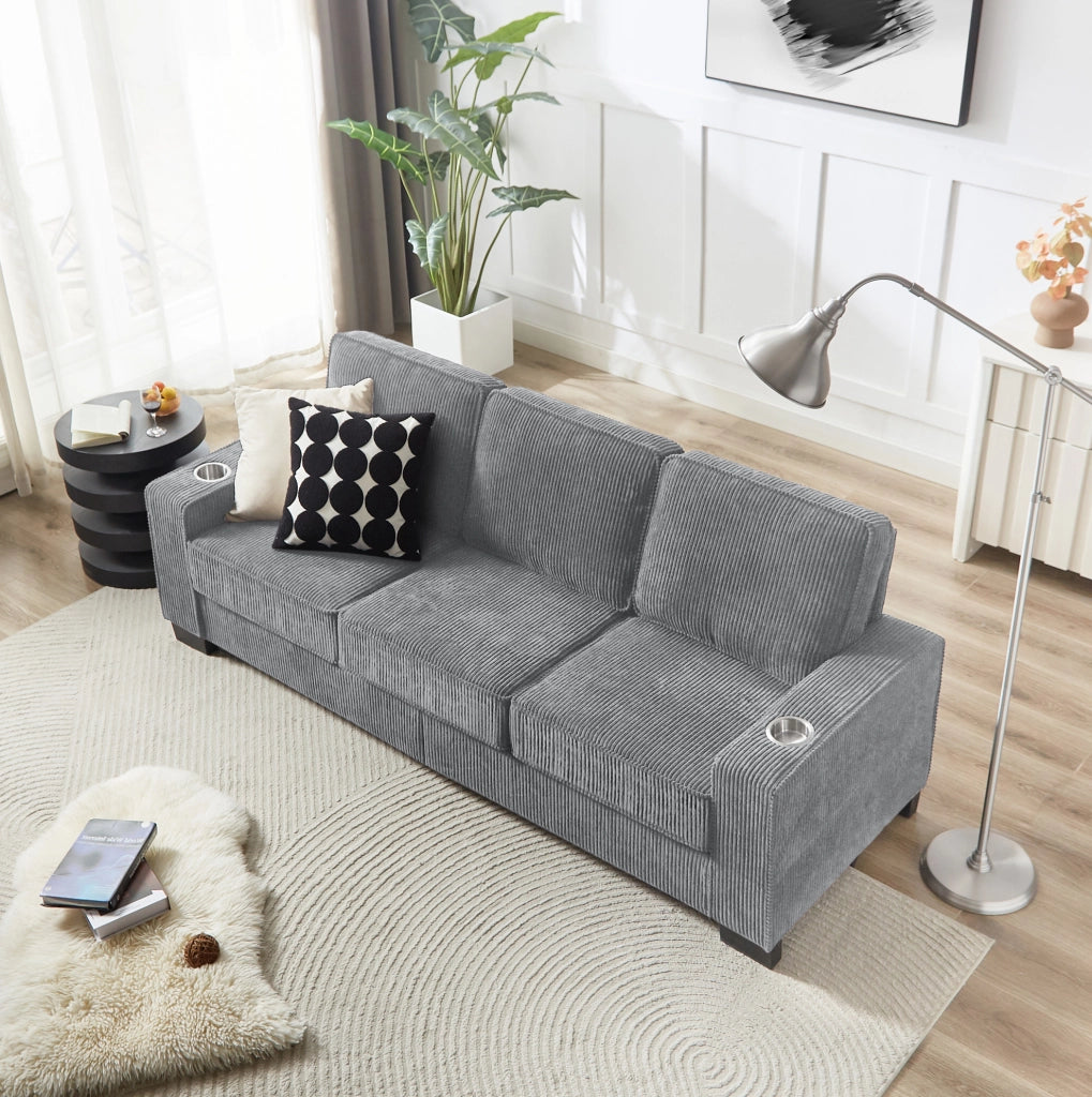 Divano 3 posti in tessuto corduroy grigio con portabicchieri; 206 x 72 x 86 cm