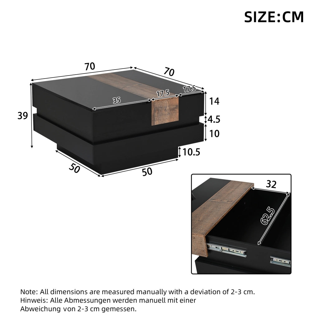 Tavolino da caffè 70x70x39 cm con piano estraibile e contenitore nascosto in MDF nero
