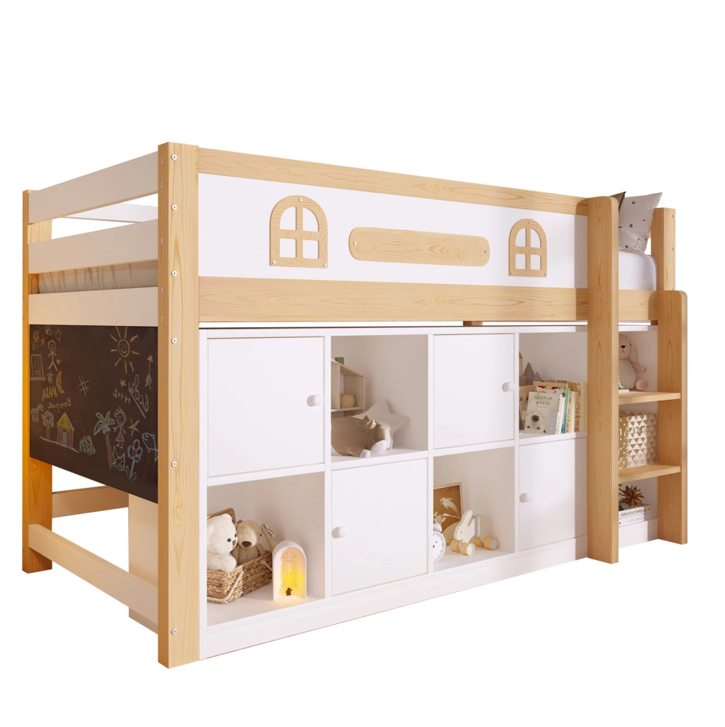 Letto semialto 90x200 cm con lavagna; vani contenitore e scala; bianco e naturale
