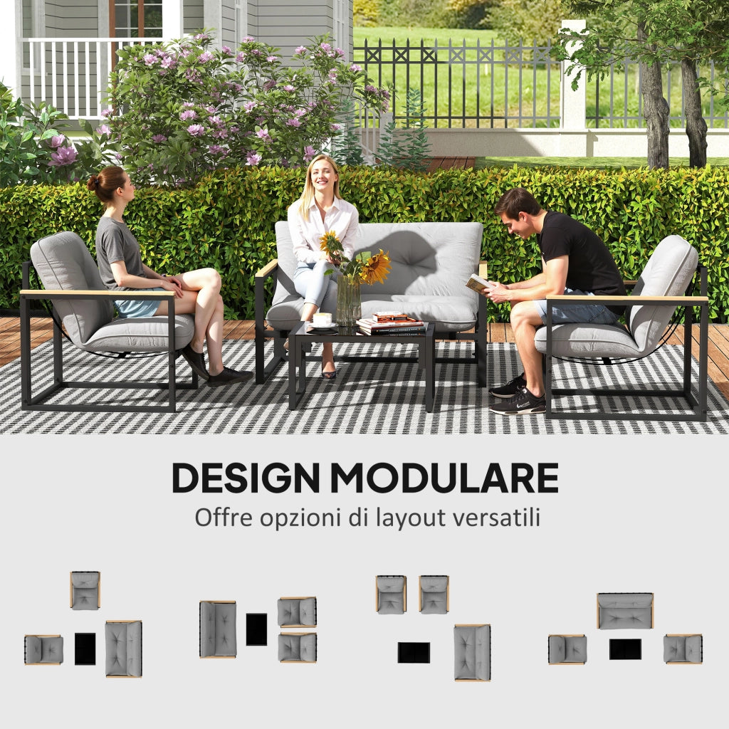 Set da Giardino 4 Pezzi con 2 Sedie Divanetto e Tavolino Grigio Chiaro e Nero