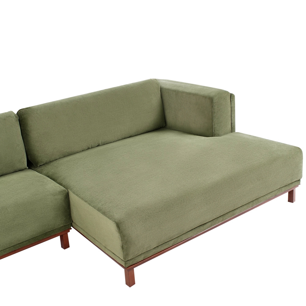 Divano angolare a sinistra Rivestimento velluto a coste verde Gambe in legno Spesso imbottito Mobili da salotto in stile moderno