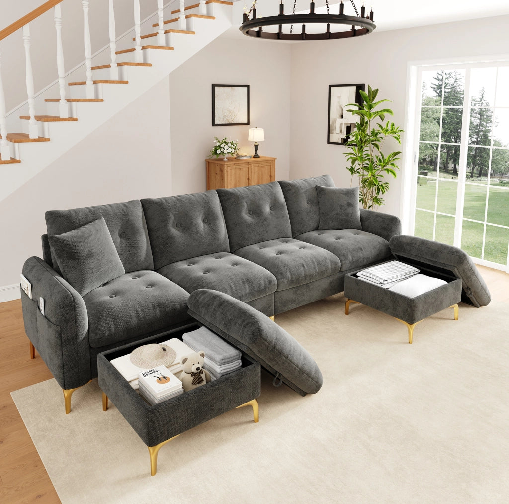 Divano modulare in ciniglia con 2 pouf contenitore; 263×137×85 cm; grigio
