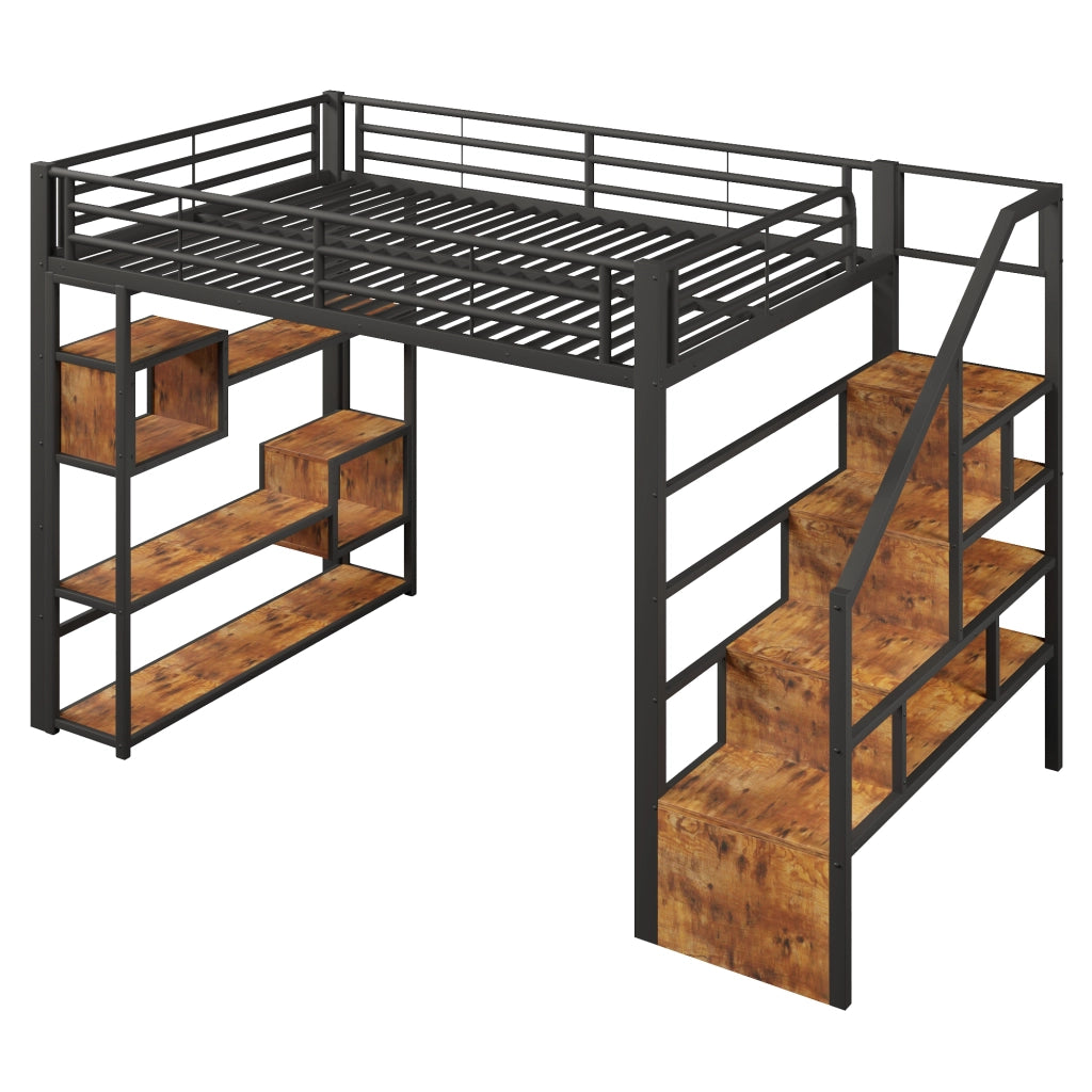 Letto a soppalco 140x200 in metallo e MDF; scala integrata; LED multicolore; nero