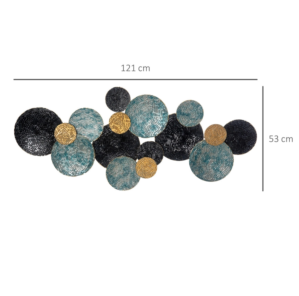Decorazione da parete 3D 121x53 cm in ferro oro con cerchi blu e neri