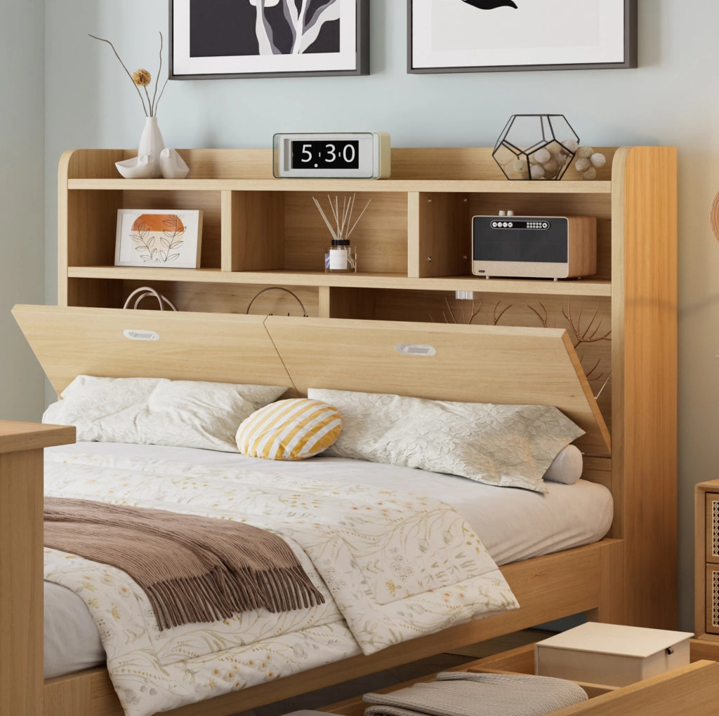 Letto multifunzione in legno 140x200 cm con contenitore e tavolo pieghevole