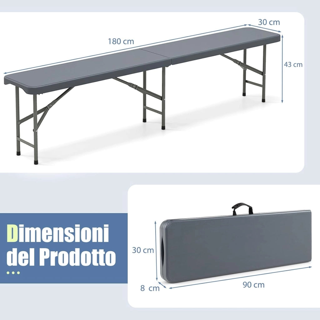Panca Pieghevole in Plastica 180 cm, Sedile Portatile con Manico e Blocco, Panca da Campeggio in HDPE Rinforzato, per Giardino Campeggio Picnic, Portata 300 kg (Grigio)